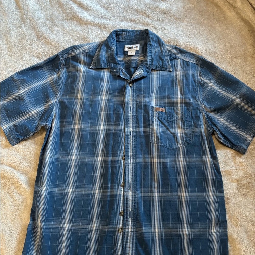 Carhartt Men's Blue Plaid Short-Sleeve Button-Down Shirt